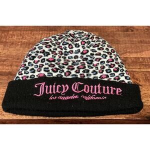 Juicy Couture Pink Snow Leopard Print Knit Slouchy Beanie Pom Pom Hat KIDS